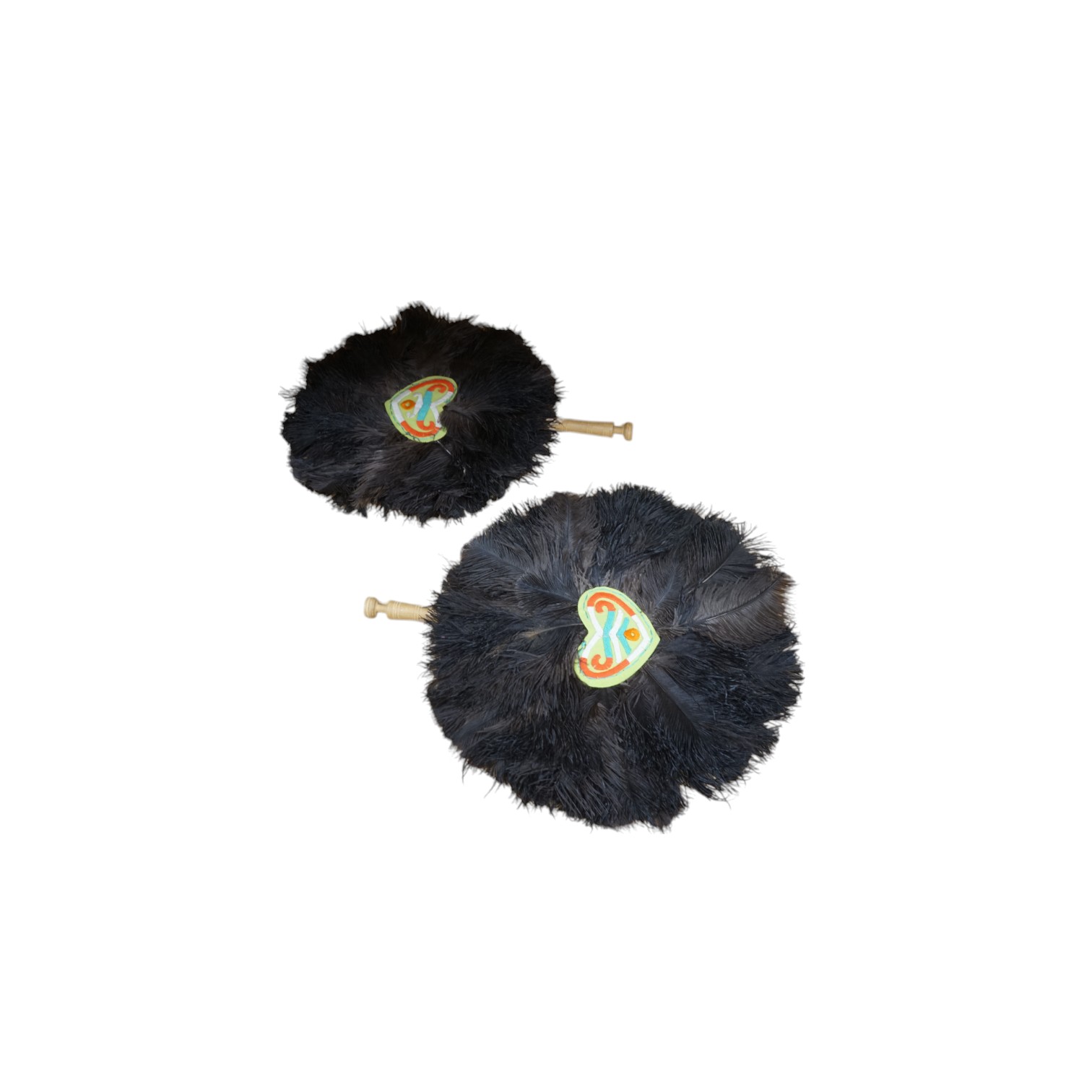 A pair of ostrich feather fans, with embroidered central panels, 45cm high. Condition - good